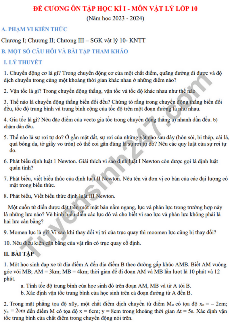 Noi dung on tap hoc ki I mon Vat ly lop 10 nam 2023 THPT Tran Phu