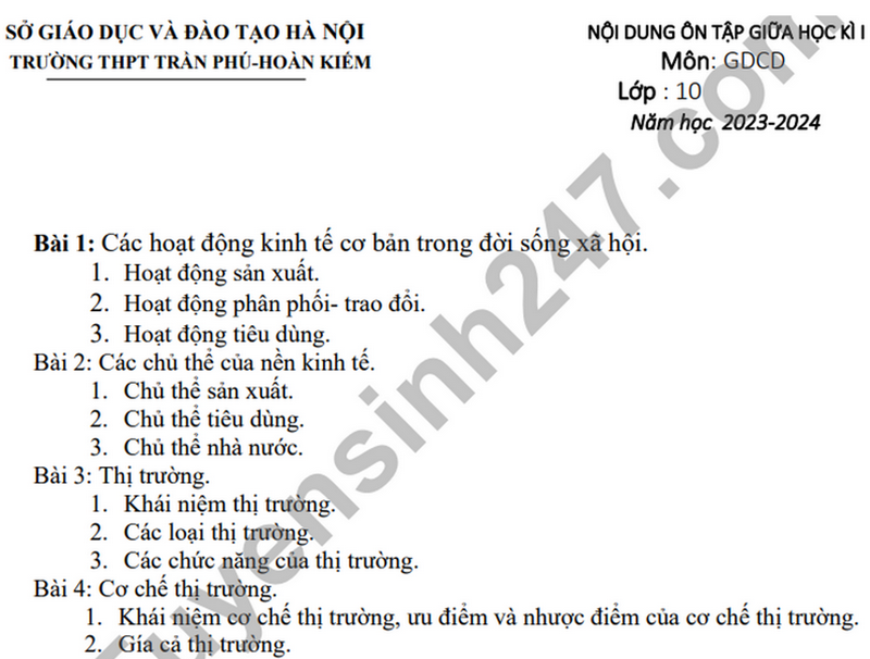 De cuong on tap hoc ki I mon GDCD lop 10 nam 2023 THPT Tran Phu