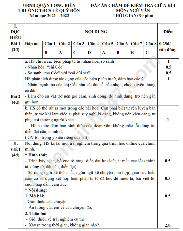 De thi giua ki 1 lop 6 mon Van 2022 - THCS Le Quy Don