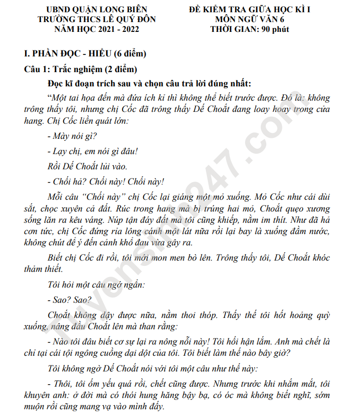 De thi giua ki 1 lop 6 mon Van 2022 - THCS Le Quy Don