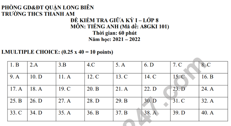 De thi giua ki 1 mon Anh lop 8 nam 2022 THCS Thanh Am
