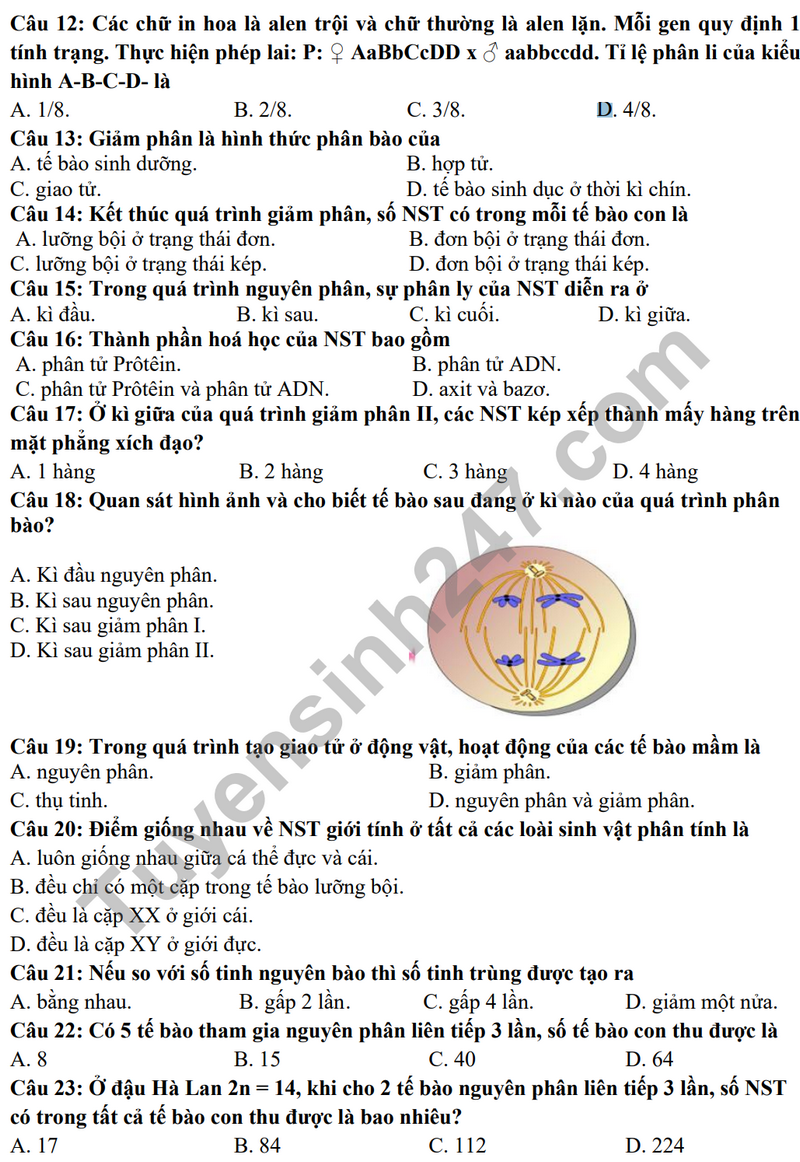 De thi giua hoc ki 1 mon Sinh lop 9 - THCS Thanh Am 2022