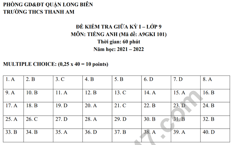 De thi giua hoc ki 1 mon Tieng Anh lop 9 nam 2022 THCS Thanh Am