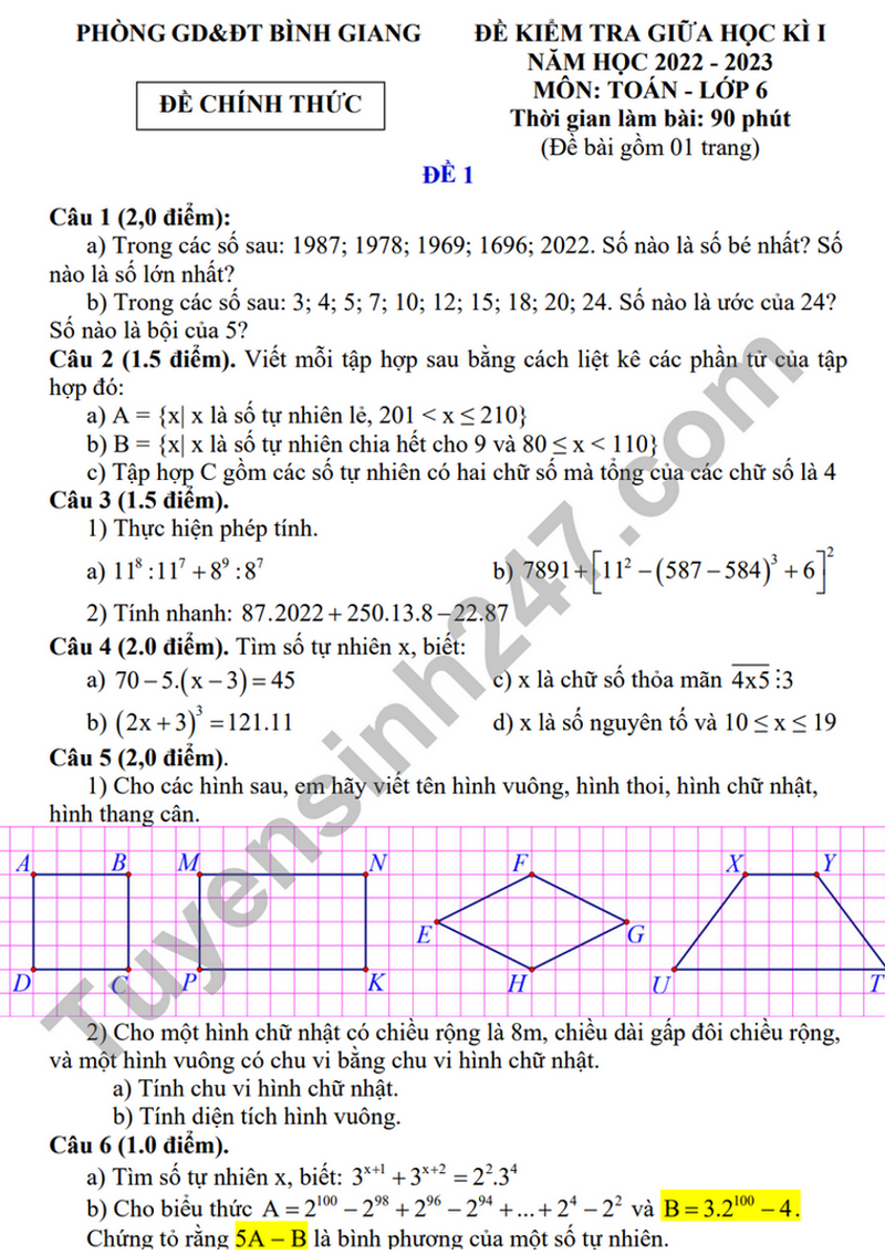 De thi giua ki 1 mon Toan 6 - Phong GD Binh Giang nam 2023