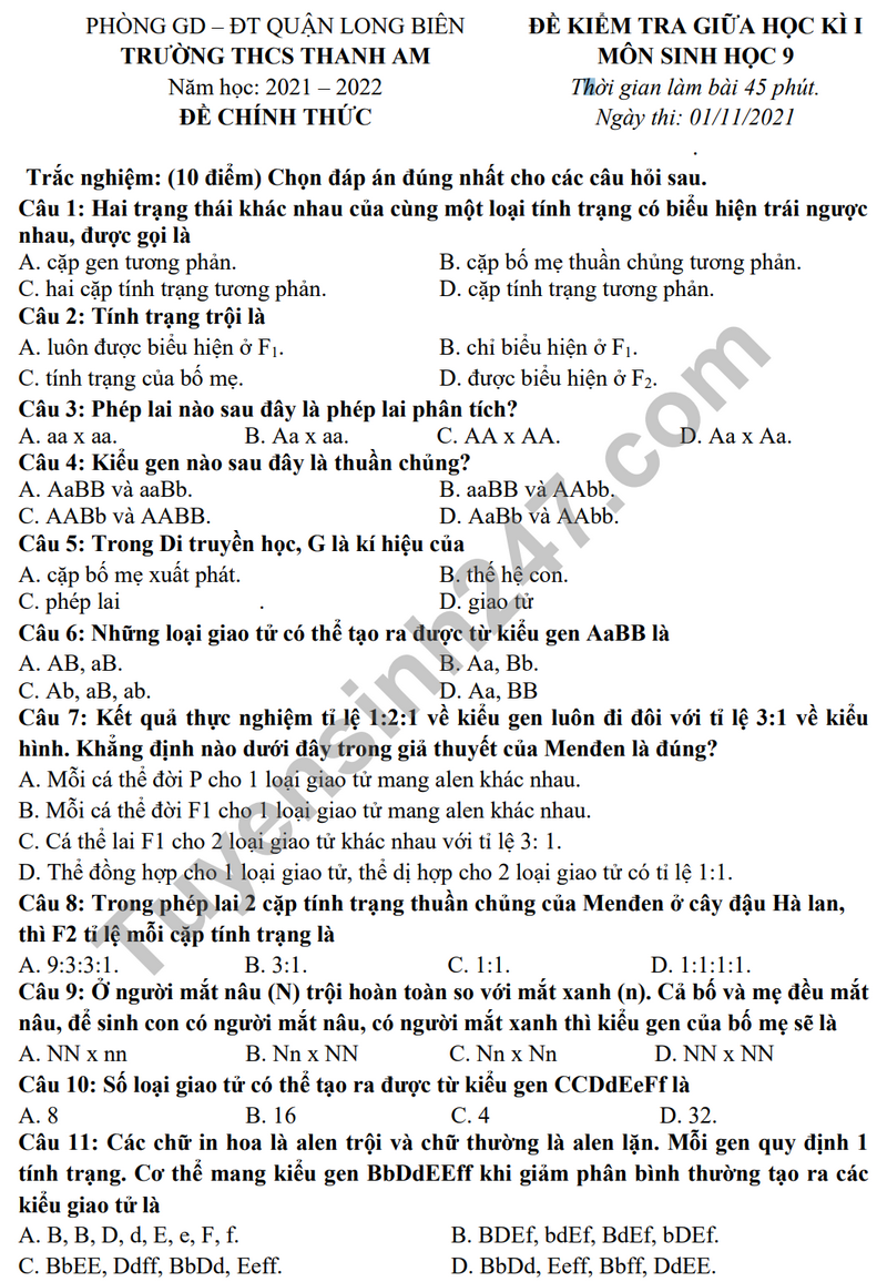 De thi giua hoc ki 1 mon Sinh lop 9 - THCS Thanh Am 2022