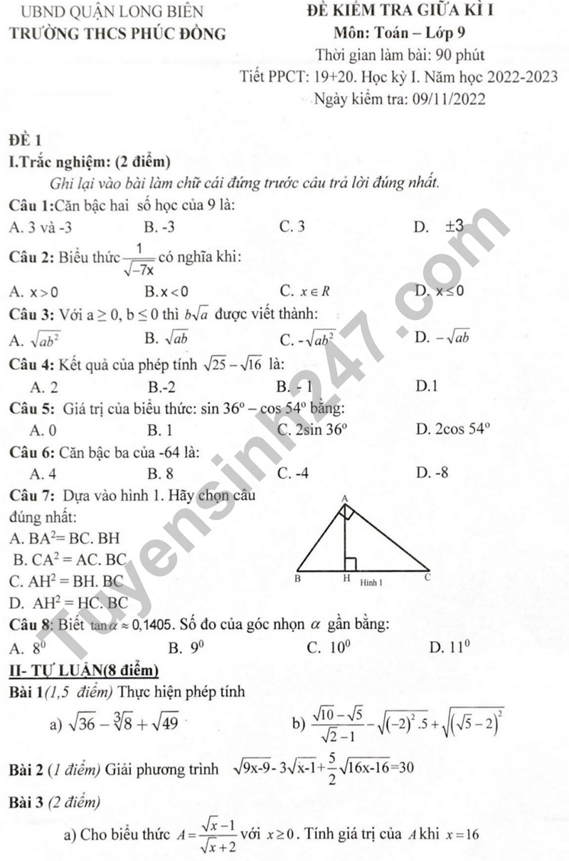 De thi giua ki 1 mon Toan 9 - THCS Phuc Dong 2023