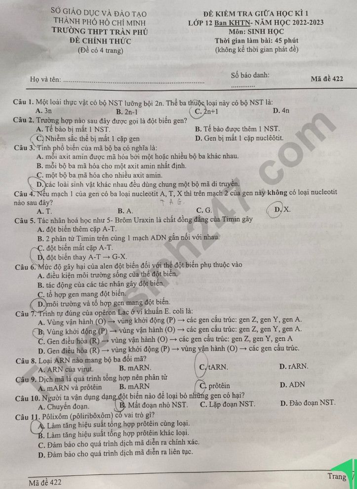 De thi giua ki 1 lop 12 mon Sinh 2023 - THPT Tran Phu