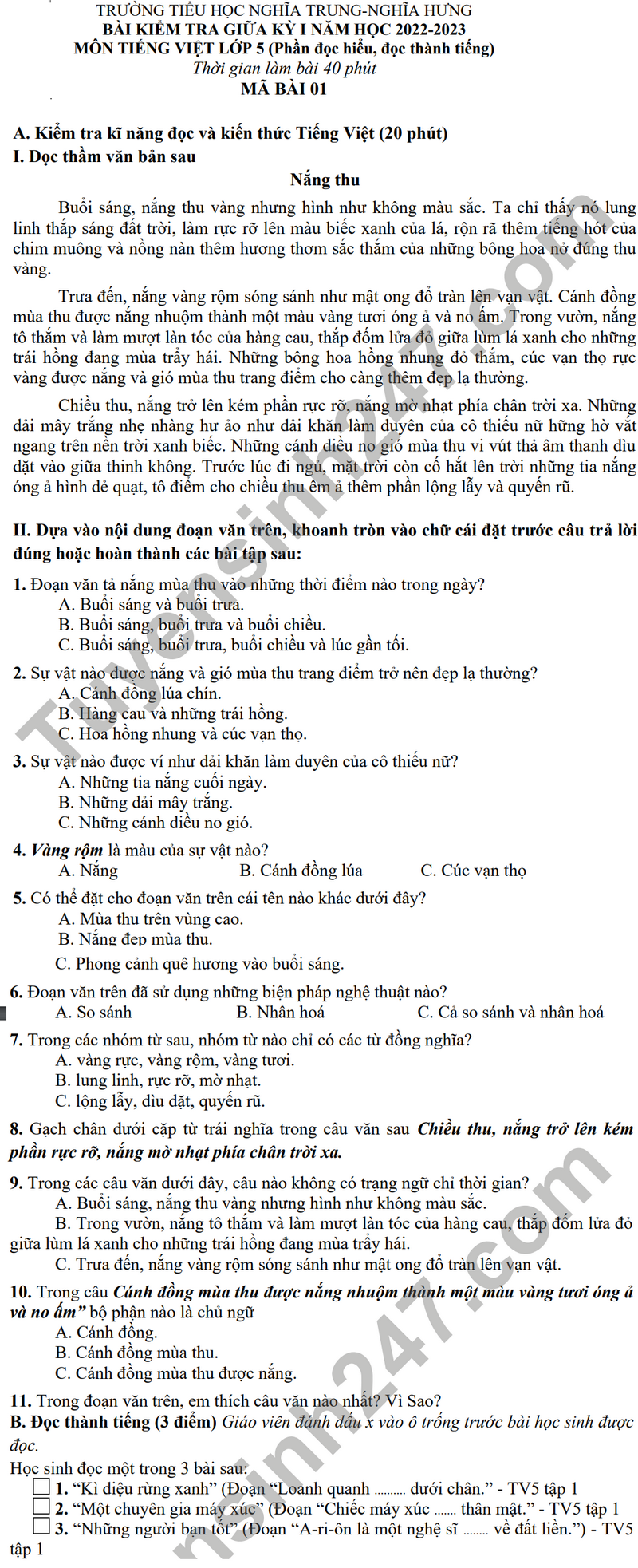De thi giua ki 1 mon Tieng Viet lop 5 - TH Nghia Trung nam 2023