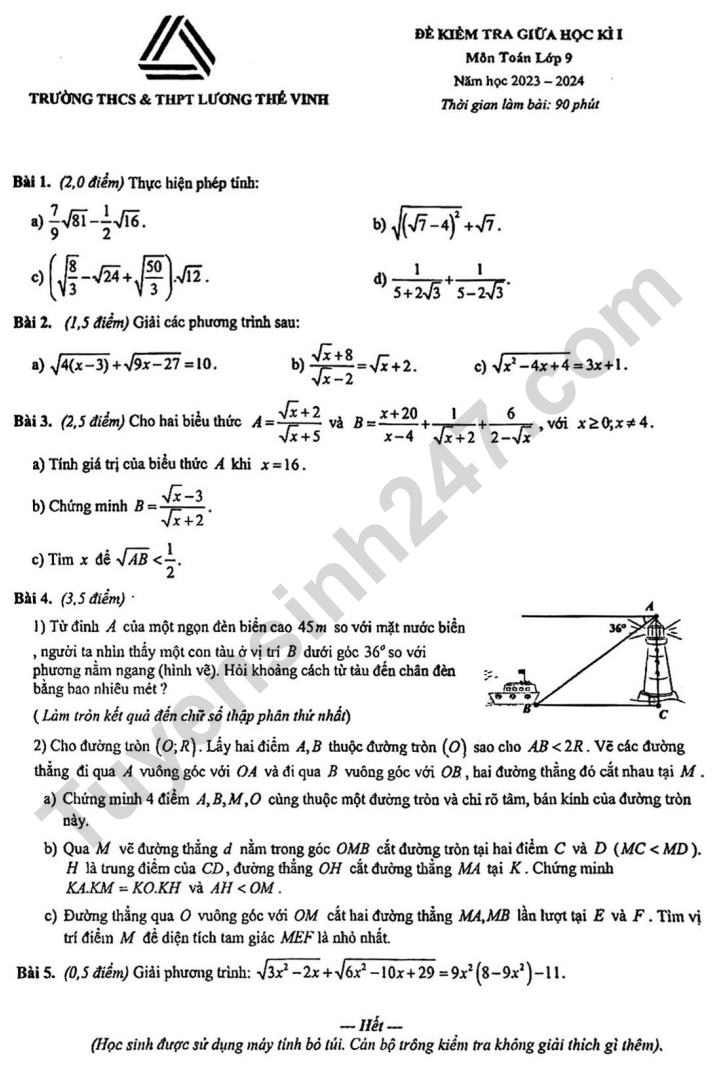 De thi giua ki 1 mon Toan lop 9 - THCS THPT Luong The Vinh 2023
