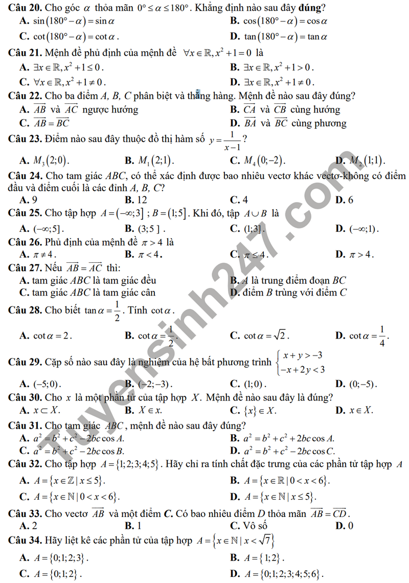 De thi giua ki 1 mon Toan lop 10 nam 2023 - THPT Doan Thuong