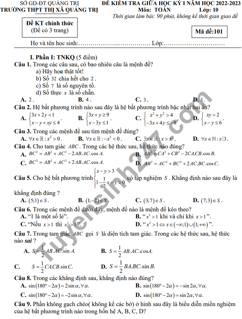 De thi giua ki 1 mon Toan lop 10 nam 2023 - THPT TX Quang Tri