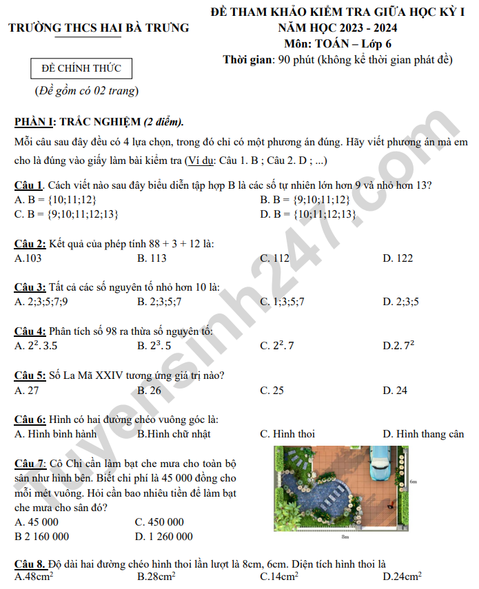De thi giua ki 1 lop 6 mon Toan 2023 - THCS Hai Ba Trung (Tham khao)