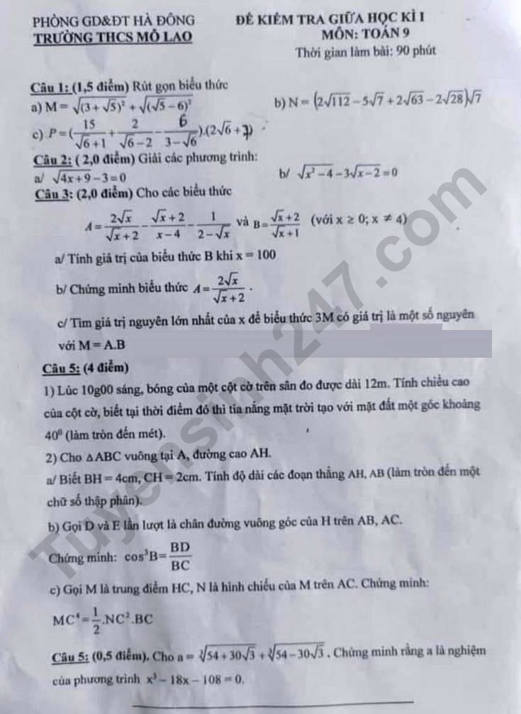 De thi giua ki 1 lop 9 mon Toan 2023 - THCS Mo Lao
