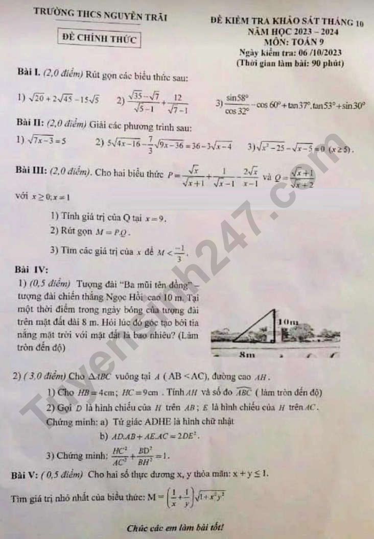 De thi khao sat thang 10 lop 9 mon Toan 2023 - THCS Nguyen Trai