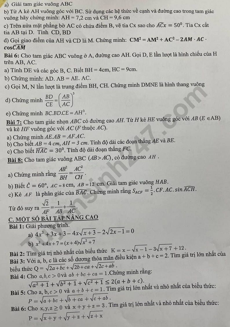De cuong on tap giua ki 1 mon Toan lop 9 - THCS Thang Long 2023