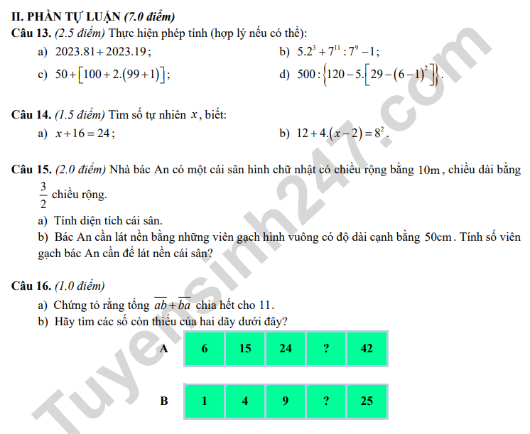 De thi giua ki 1 mon Toan lop 6 - Trung TH Viet Anh 2 nam 2023