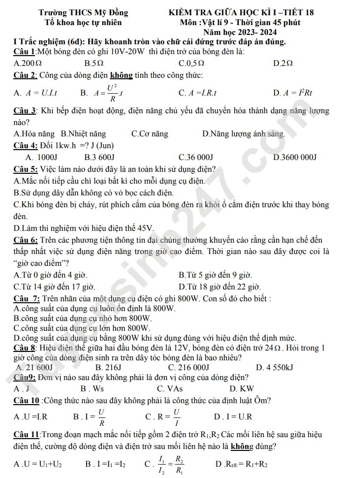 De thi giua ki 1 lop 9 mon Ly nam 2023 - THCS My Dong