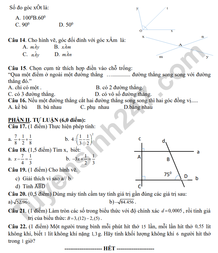 De thi giua ki 1 mon Toan lop 7 nam 2023 - THCS Thai Thuy