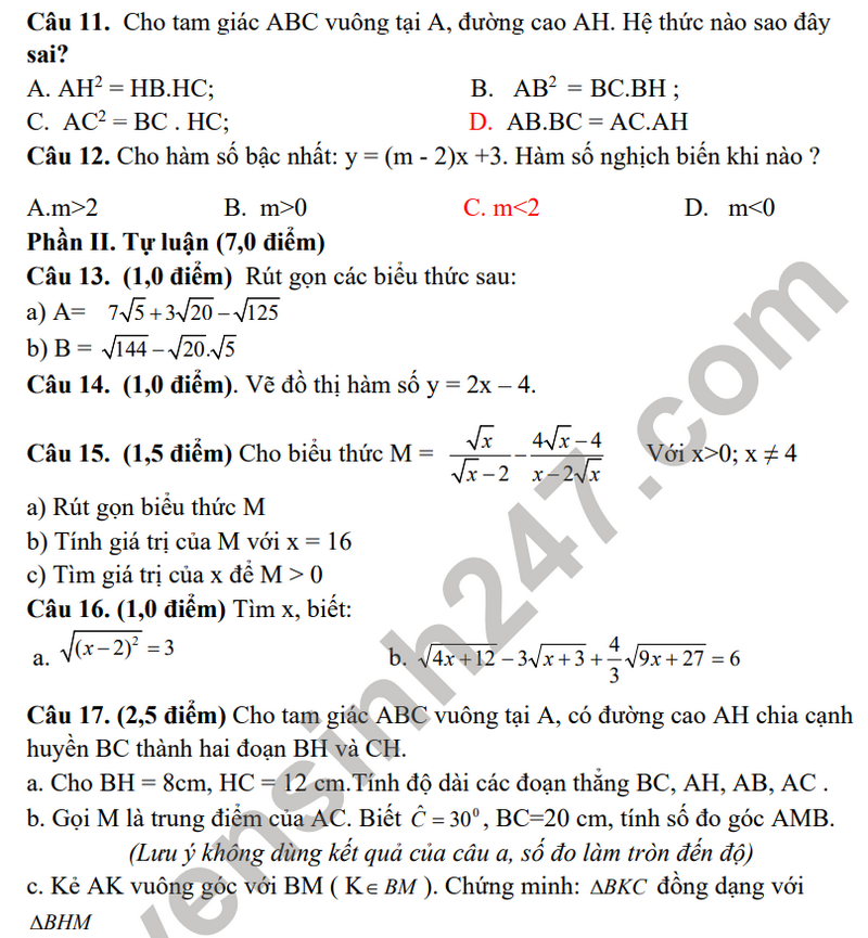 De thi giua ki 1 mon Toan lop 9 - THCS An Thuy nam 2023