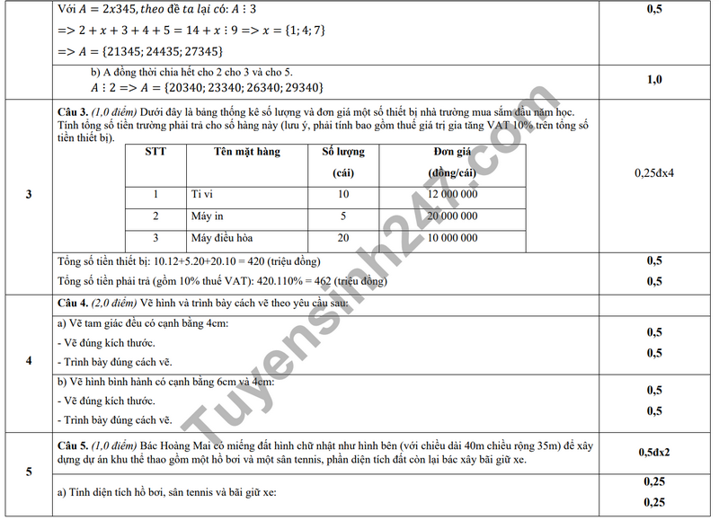 De thi giua ki 1 mon Toan lop 6 nam 2023 - TH & THCS Tay Uc (De tham khao)
