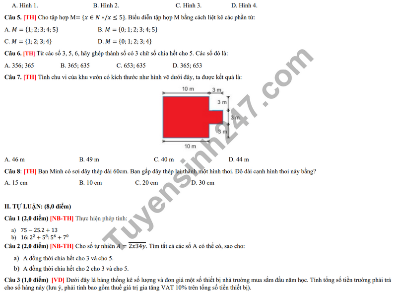 De thi giua ki 1 mon Toan lop 6 nam 2023 - TH & THCS Tay Uc (De tham khao)