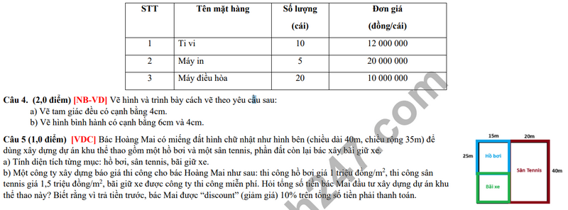 De thi giua ki 1 mon Toan lop 6 nam 2023 - TH & THCS Tay Uc (De tham khao)