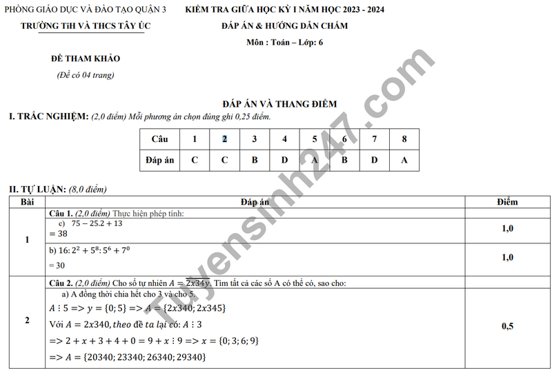 De thi giua ki 1 mon Toan lop 6 nam 2023 - TH & THCS Tay Uc (De tham khao)