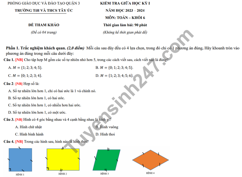 De thi giua ki 1 mon Toan lop 6 nam 2023 - TH & THCS Tay Uc (De tham khao)