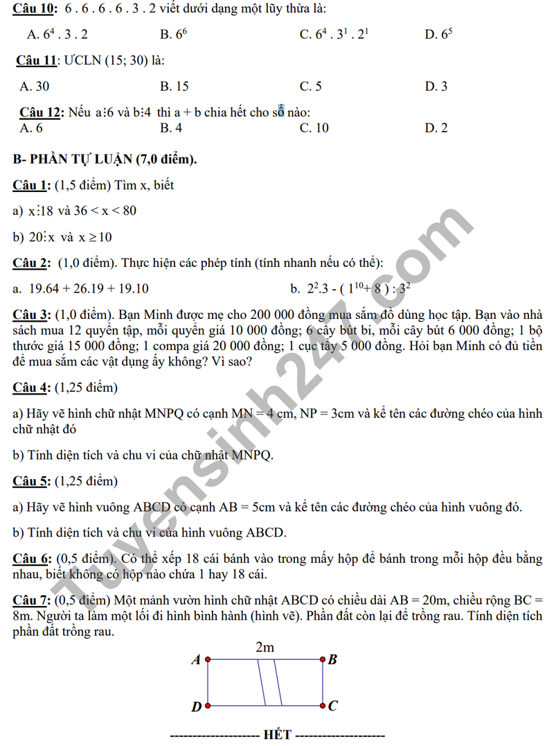 De thi giua ki 1 mon Toan lop 6 nam 2023 - THCS Truong Cong Dinh (De tham khao)