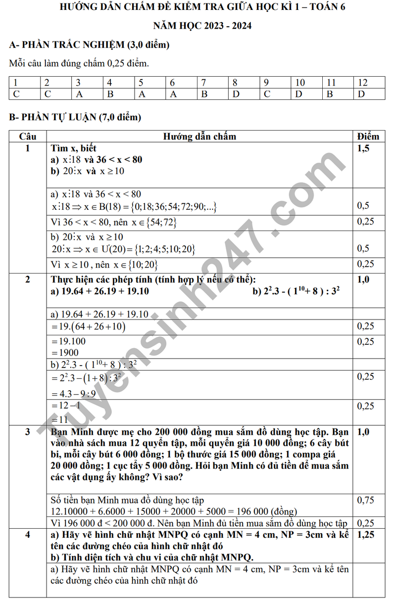 De thi giua ki 1 mon Toan lop 6 nam 2023 - THCS Truong Cong Dinh (De tham khao)