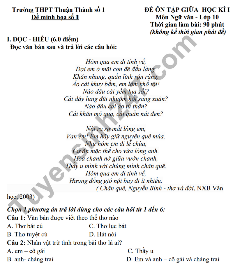 De tham khao giua ki 1 mon Van lop 10 nam 2023 - THPT Thuan Thanh