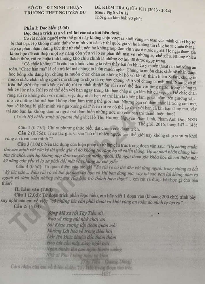 De thi giua ki 1 mon Van lop 12 - THPT Nguyen Du 2023