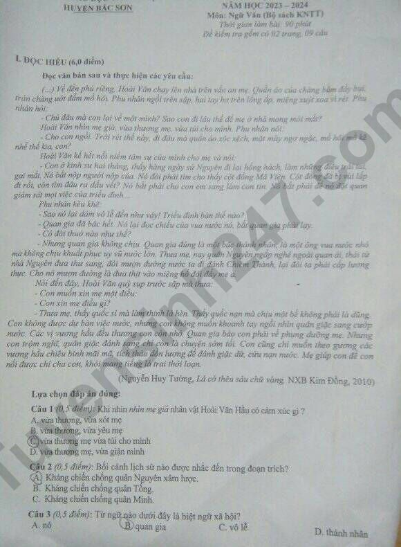 De thi giua ki 1 mon Van lop 8 nam 2023 - Phong GD Bac Son