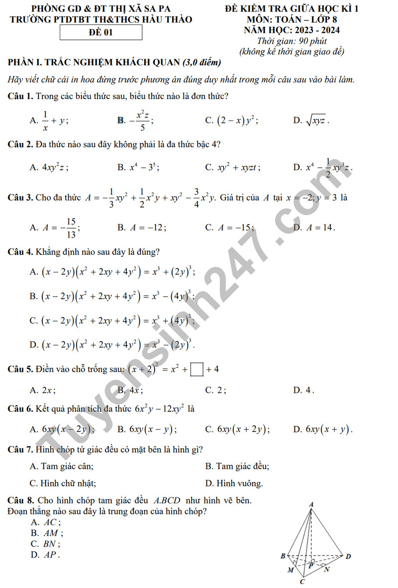 De thi giua ki 1 mon Toan lop 8 - TH & THCS Hau Thao 2023