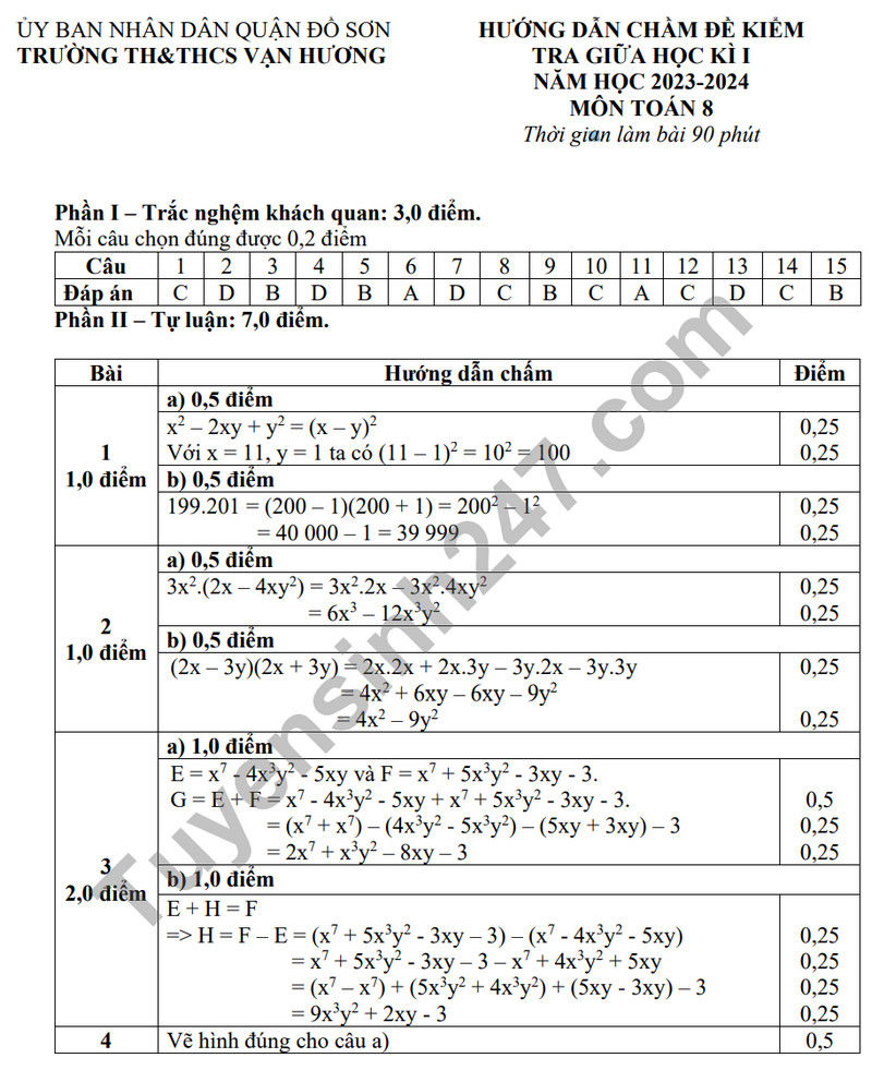 De thi giua ki 1 mon Toan lop 8 - TH&THCS Van Huong 2023