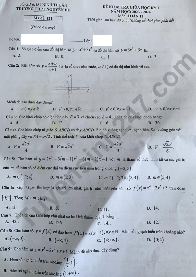 De thi giua ki 1 mon Toan lop 12 nam 2023 - THPT Nguyen Du