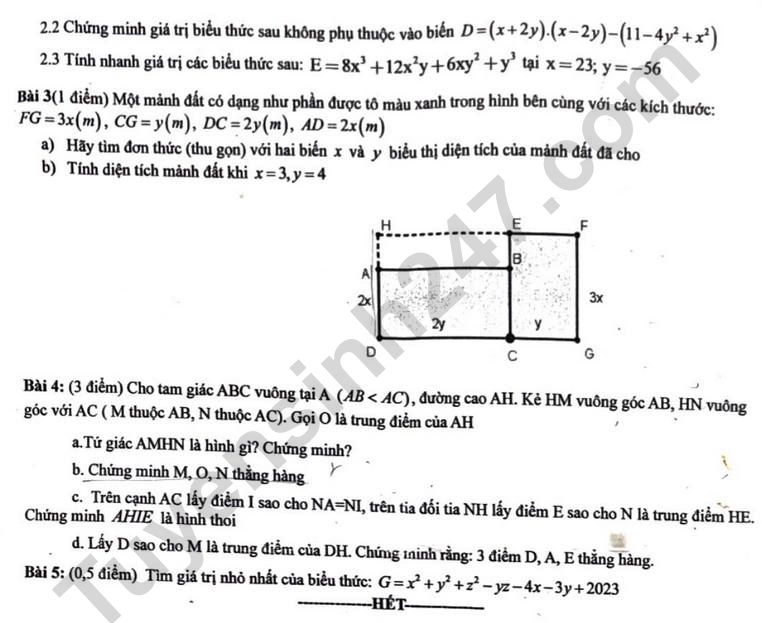 De thi giua ki 1 lop 8 mon Toan 2023 - Thuc nghiem KHGD