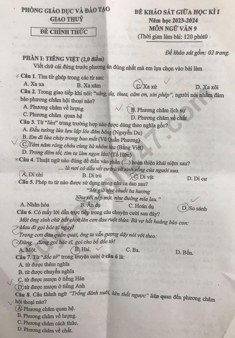 De thi giua ki 1 mon Van lop 9 nam 2023 - Phong GD Giao Thuy
