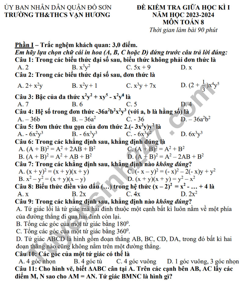 De thi giua ki 1 mon Toan lop 8 - TH&THCS Van Huong 2023