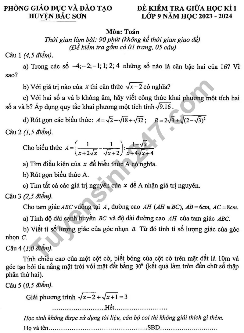 De thi giua ki 1 mon Toan lop 9 - Phong GD Bac Son 2023