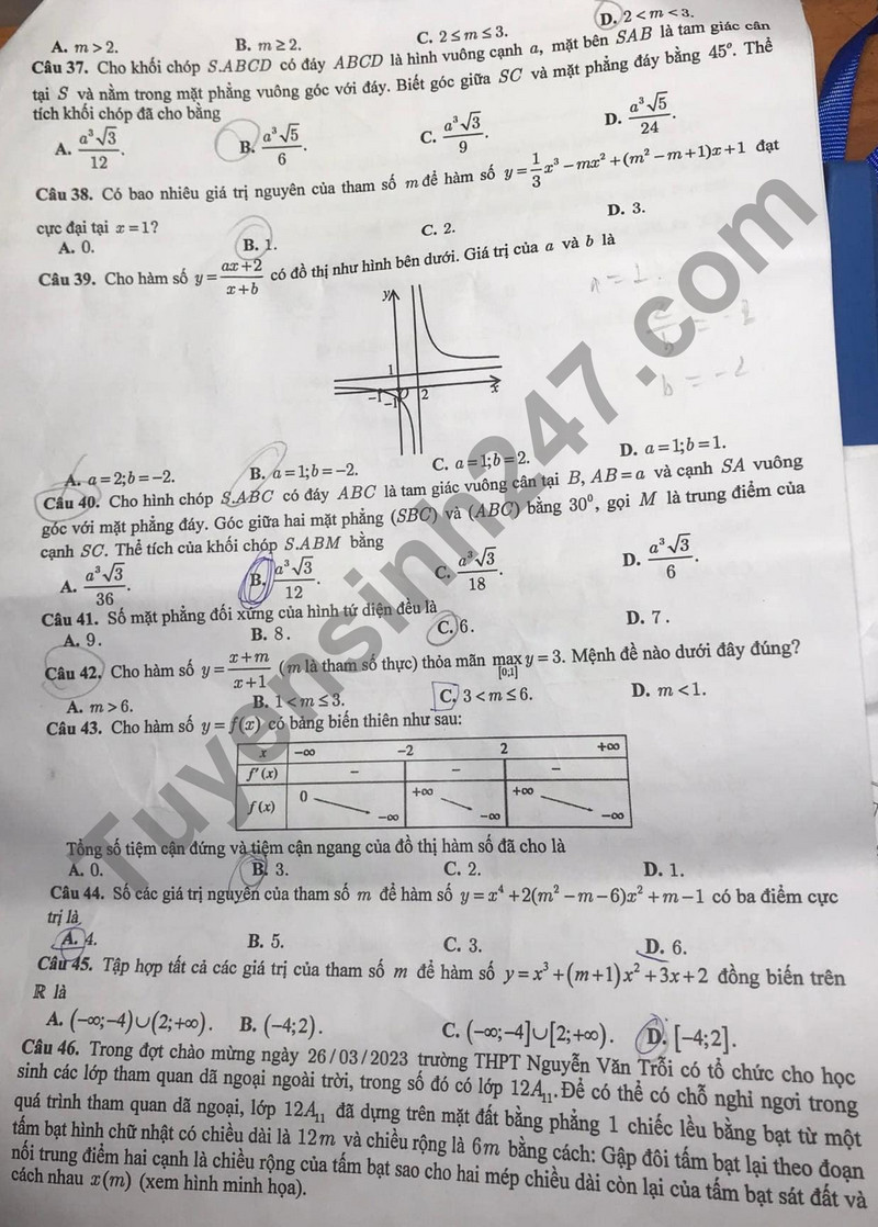 De thi giua ki 1 mon Toan lop 12 - THPT Nguyen Van Troi 2023