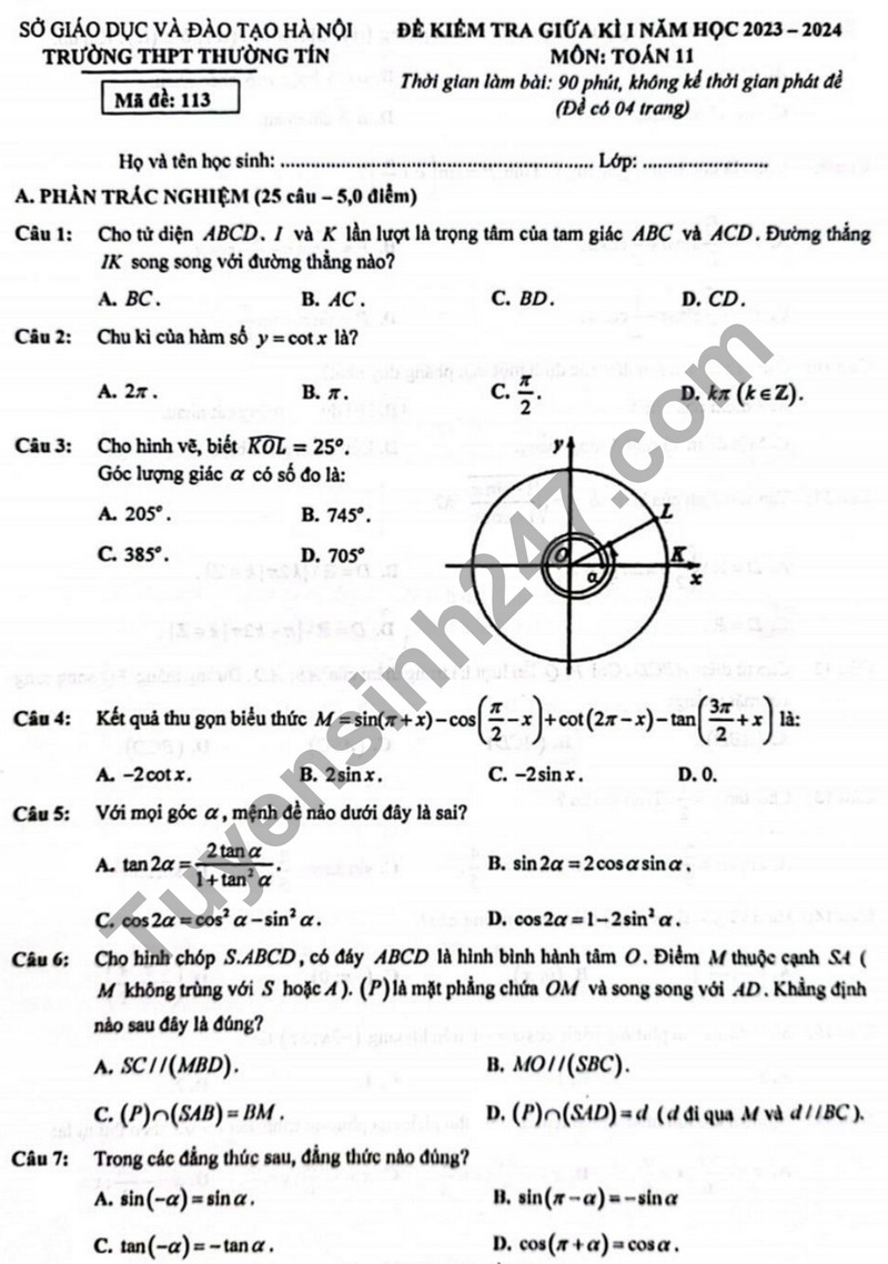 De thi giua ki 1 nam 2023 mon Toan lop 11 - THPT Thuong Tin