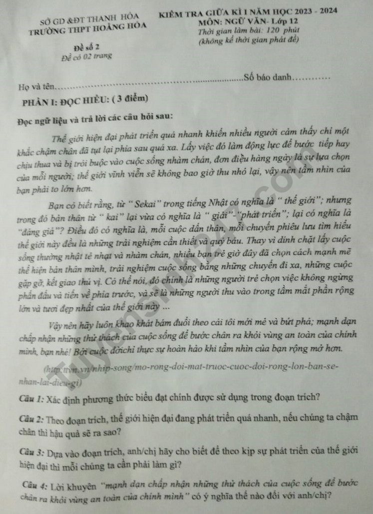 De thi giua ki 1 lop 12 mon Van 2023 - THPT Hoang Hoa
