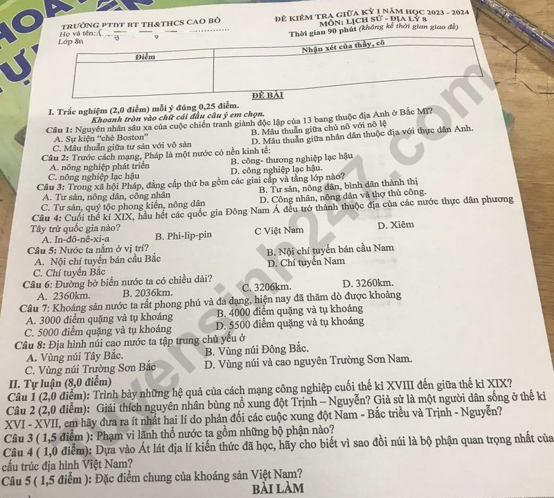 De thi giua ki 1 mon Su - Dia lop 8 nam 2023 - TH&THCS Cao Bo