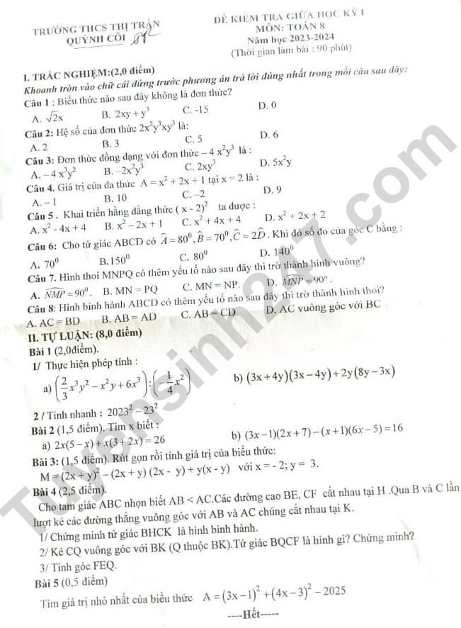 De thi giua ki 1 lop 8 mon Toan 2023 - THCS TT Quynh Coi