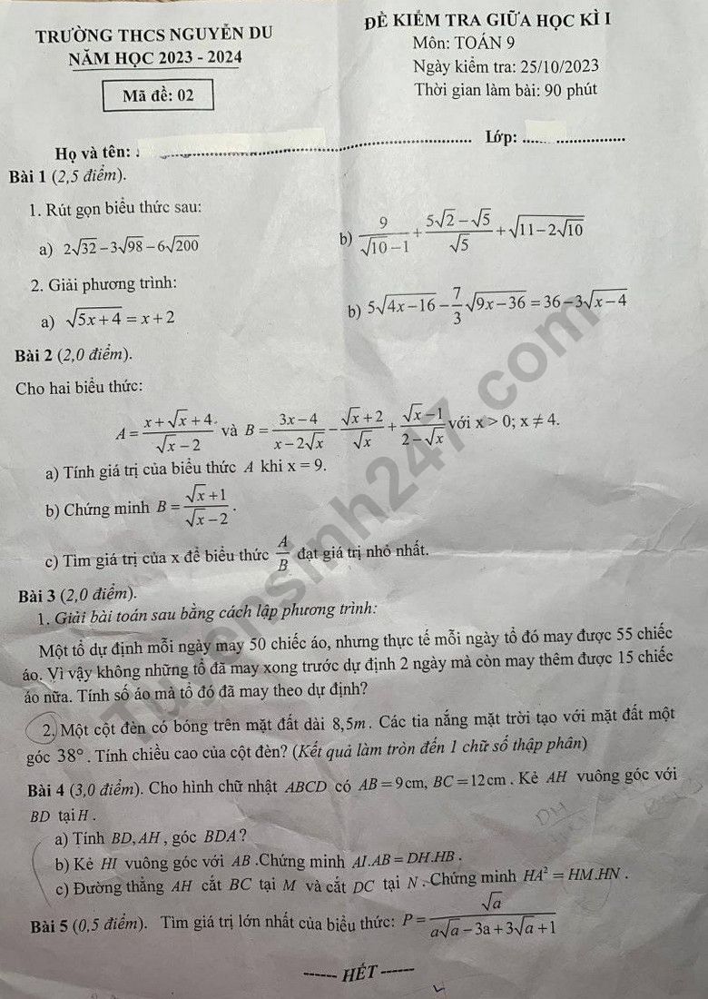De thi giua ki 1 lop 9 mon Toan - THCS Nguyen Du 2023