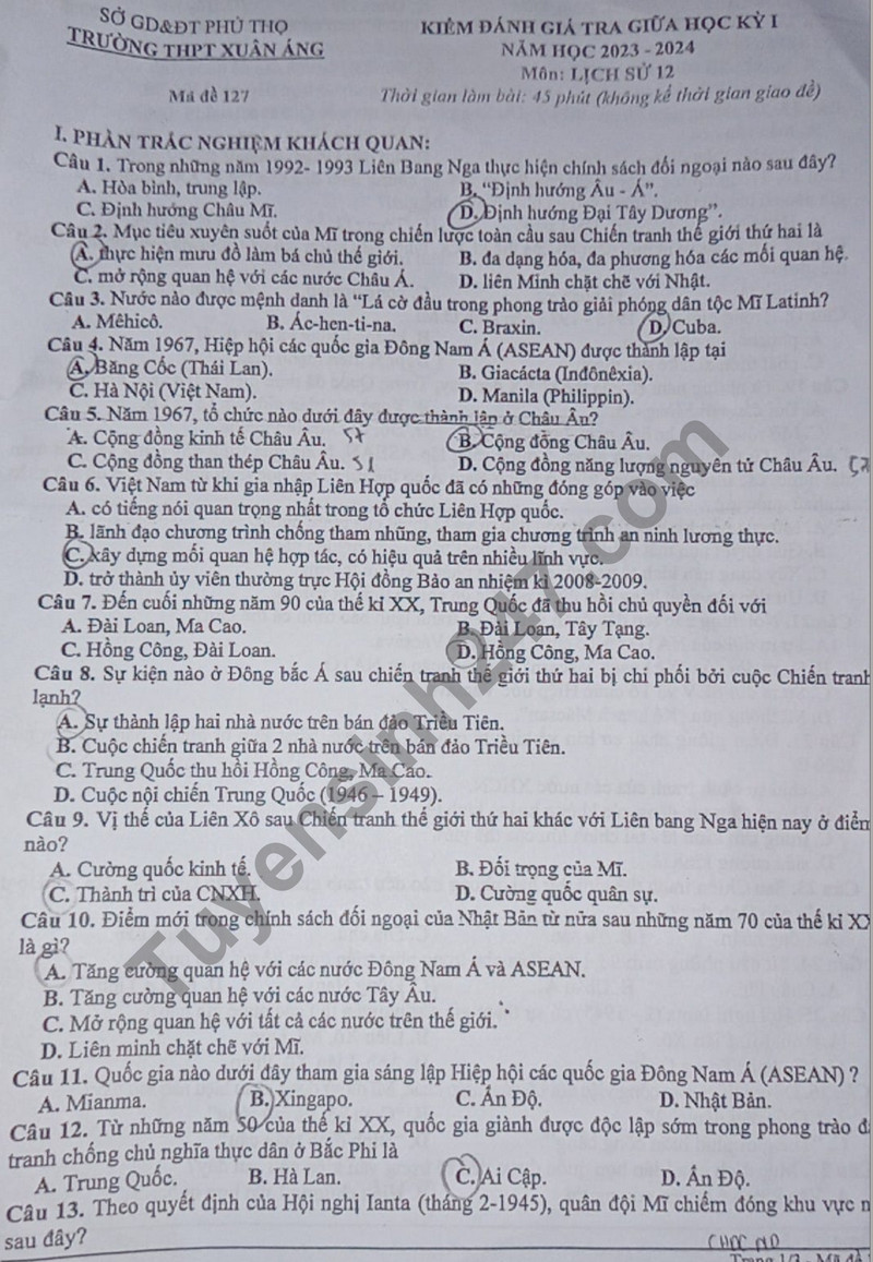 De thi giua ki 1 mon Su lop 12 - THPT Xuan Ang 2023
