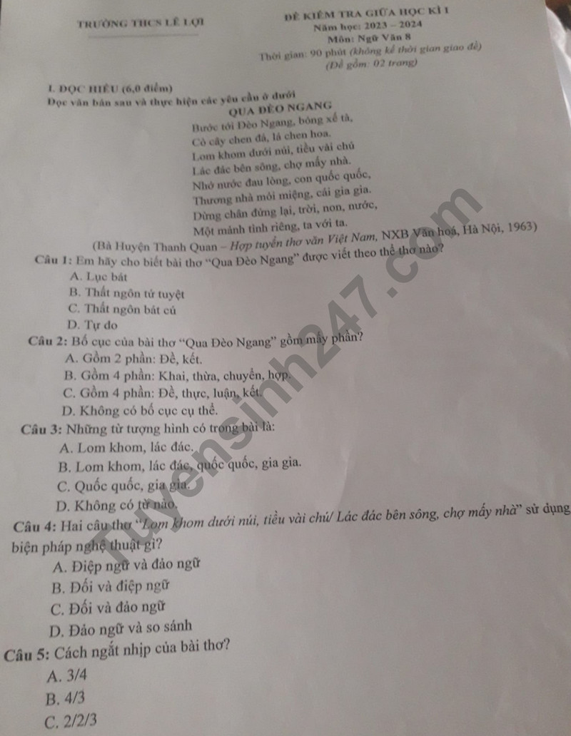 De thi giua ki 1 mon Van lop 8 - THCS Le Loi 2023