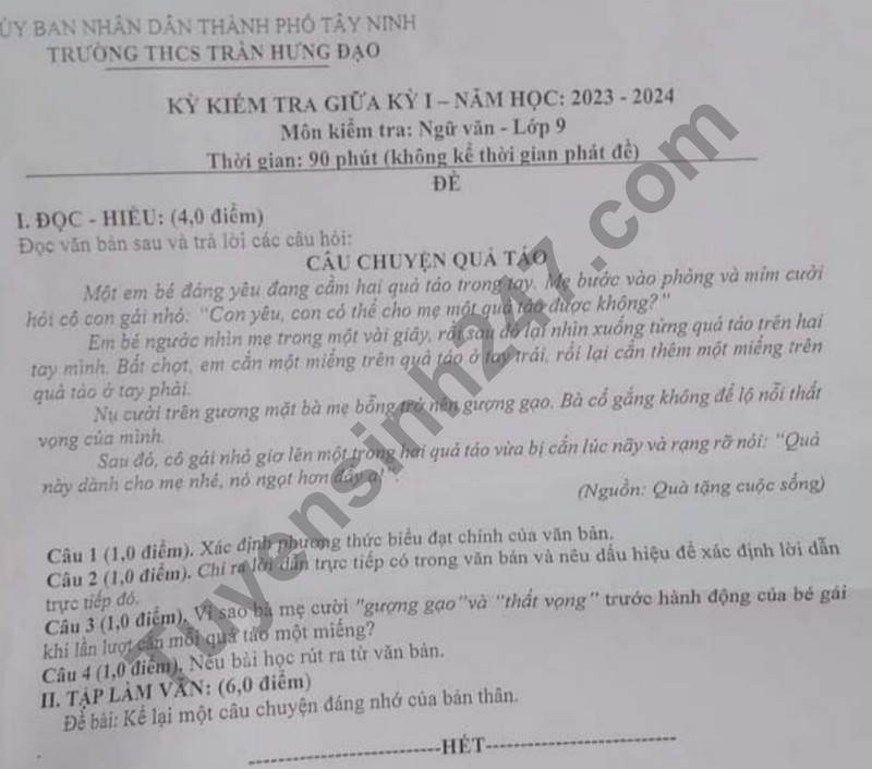 De thi giua ki 1 mon Van lop 9 - THCS Tran Hung Dao 2023