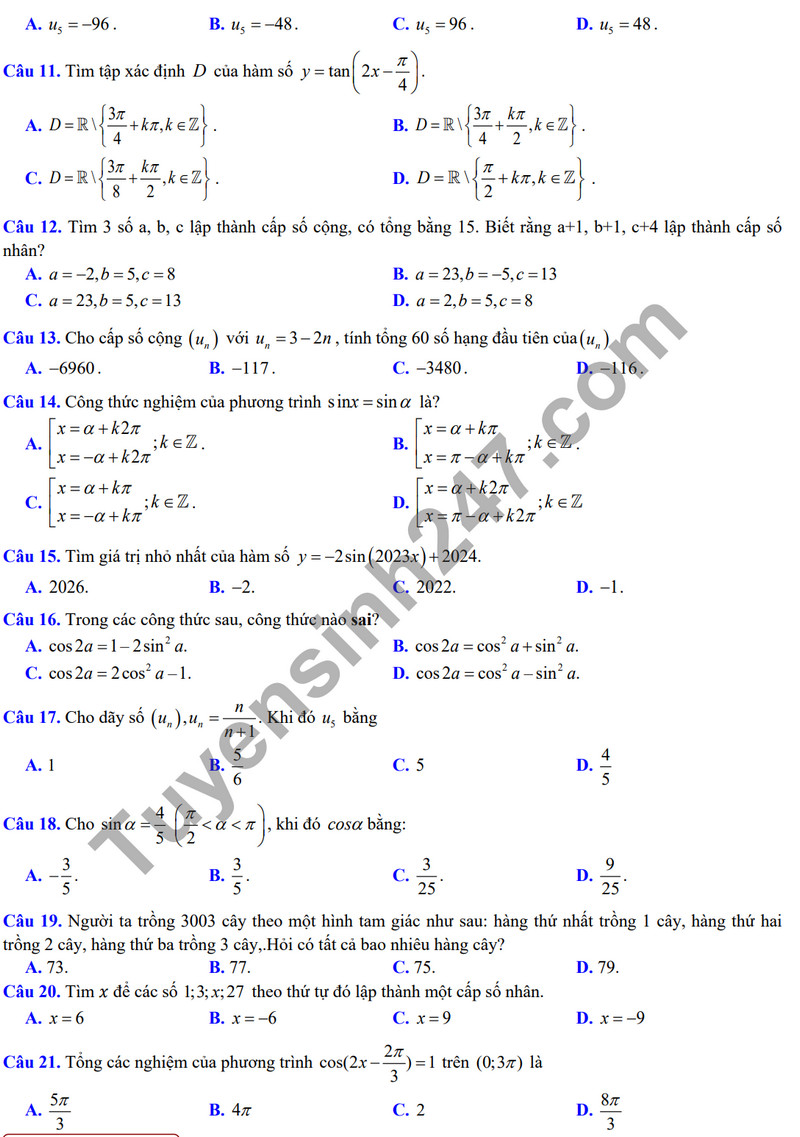 De thi giua ki 1 mon Toan lop 11 - THPT Tran Ky Phong 2023